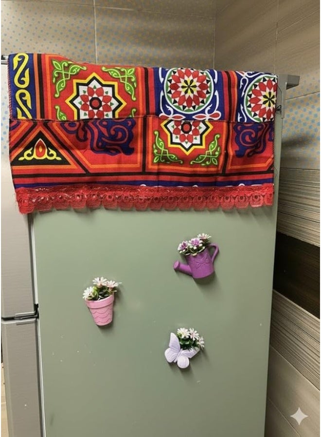 "Traditional Luxury Khayamiya Refrigerator Cover with Multi-Purpose Pockets, carefully crafted from a blend of natural cotton and high-quality polyester. Featuring vibrant colors and authentic heritage patterns that add a decorative touch to the kitchen. Easy to clean and durable for daily use, it helps organize small tools while giving the refrigerator a bright, elegant look that reflects the spirit of Egyptian authenticity. - Image 1
